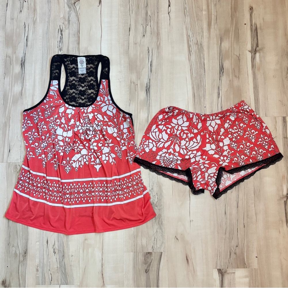 Small Printed Stretch Lace Pajama Set Tank Top and Shorts